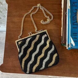 Vintage 60s 70s La Regale Ornately Hand Beaded Striped Chain Strap Formal Bag